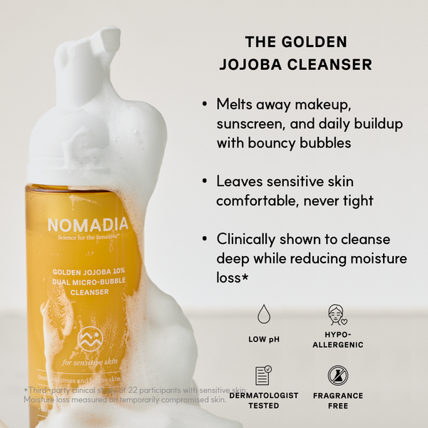 Golden Jojoba Micro-bubble Cleanser foam with benefits: low pH, hypoallergenic, dermatologist-tested, fragrance-free
