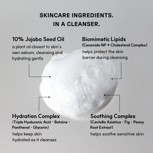 Golden Jojoba micro-bubble foam with key ingredients: 10% jojoba seed oil, biomimetic lipids, hydration and soothing complexes