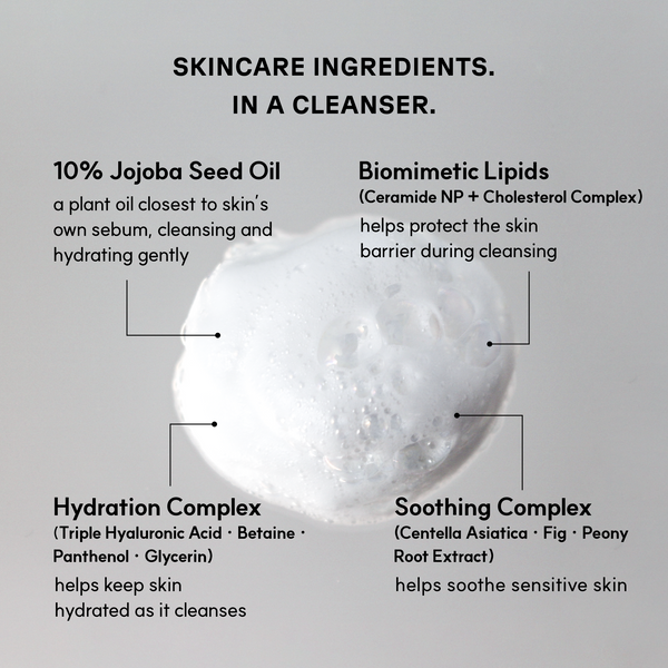 Golden Jojoba micro-bubble foam with key ingredients: 10% jojoba seed oil, biomimetic lipids, hydration and soothing complexes