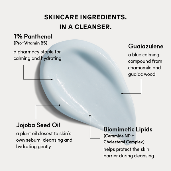 Textura de Blue Calming Cleansing Milk e ingredientes principales: pantenol al 1 %, guaiazuleno, aceite de semilla de jojoba y lípidos biomiméticos