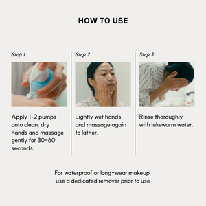 Cómo usar Blue Calming Cleansing Milk en 3 pasos: aplicar sobre la piel seca, emulsionar con agua y aclarar