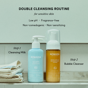 Double cleansing routine for sensitive skin: Blue Calming Cleansing Milk (step 1) and Golden Jojoba Micro-bubble Cleanser (step 2)