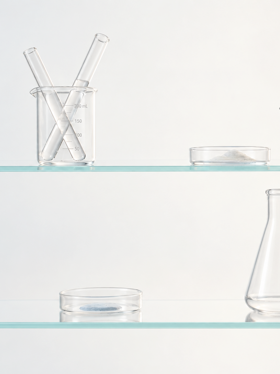 Material de vidrio de laboratorio e ingredientes en polvo sobre estantes de cristal
